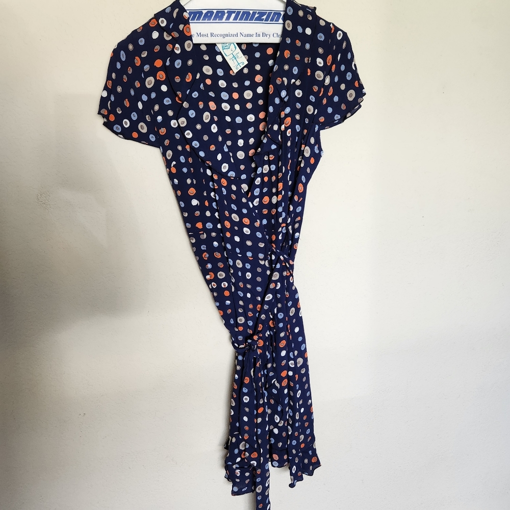 Loco Lindo Womens blue multi color polka dot wrap Midi dress sz large NWT retro